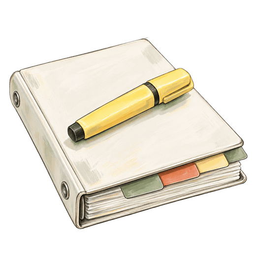 An illustration of a closed white binder with colored tabs and a yellow highlighter lying across its cover.