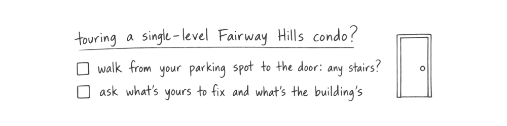 A handwritten checklist: touring a single-level Fairway Hills condo? Walk from your parking spot to the door: any stairs? Ask what's yours to fix and what's the building's.