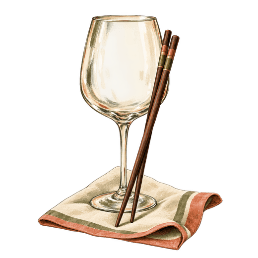An illustration of an empty wine glass and two wooden chopsticks resting on a cream napkin with green stripes and a coral border.
