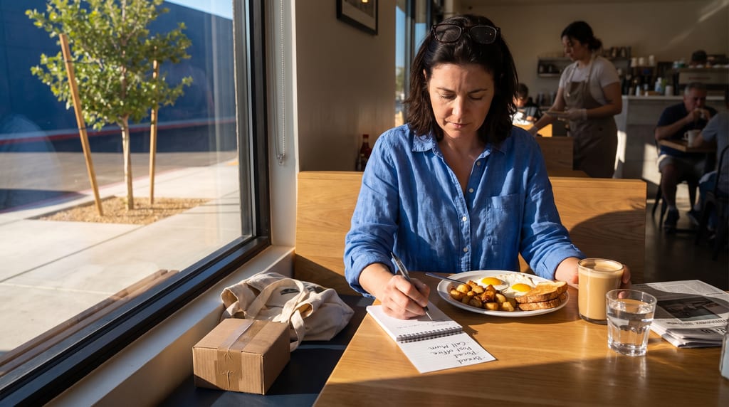 A woman writes a list beside eggs, toast, potatoes and coffee at a restaurant window table, with a canvas bag and taped parcel on the bench.