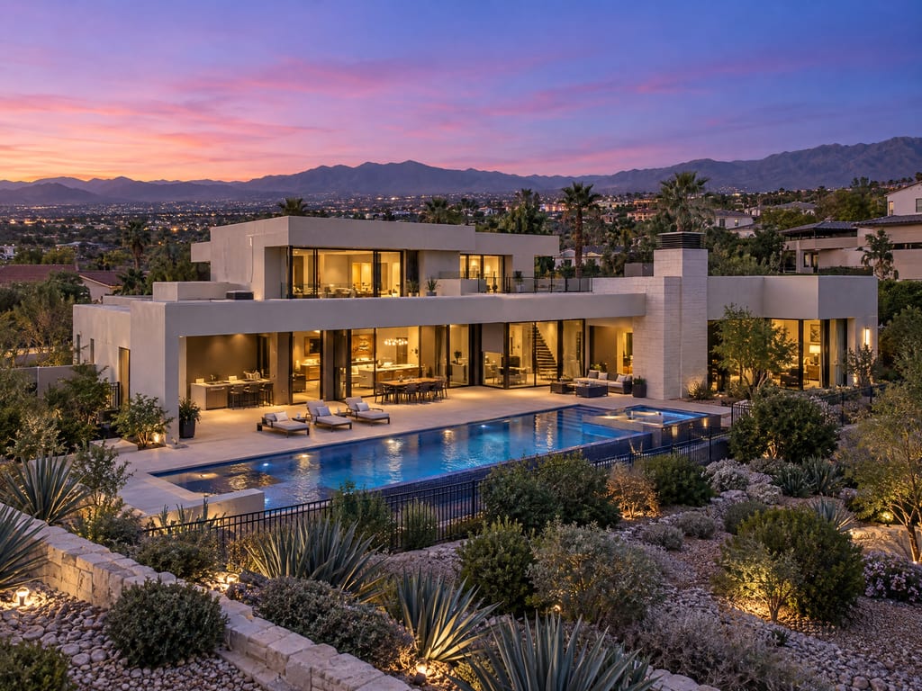 A modern two-story house at dusk with a lit terrace, an outdoor dining table and a long pool, and city lights and mountains beyond.
