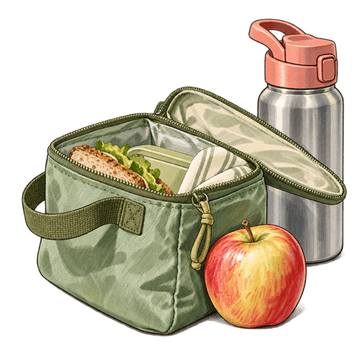 A drawing of an open green lunch bag holding a sandwich, container and striped cloth beside a red-and-yellow apple and a metal bottle with a coral lid.