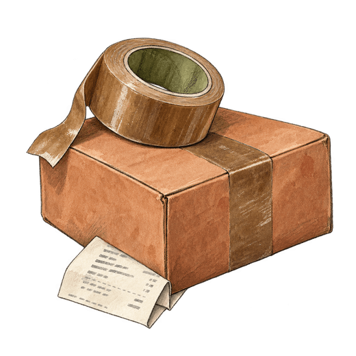 A drawing of a taped cardboard parcel with a roll of brown packing tape on top and a folded receipt resting against the front.