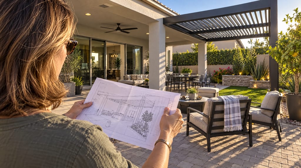 A woman holds an architectural drawing beside a furnished patio with a covered seating area, a slatted pergola, a dining table and a lawn.