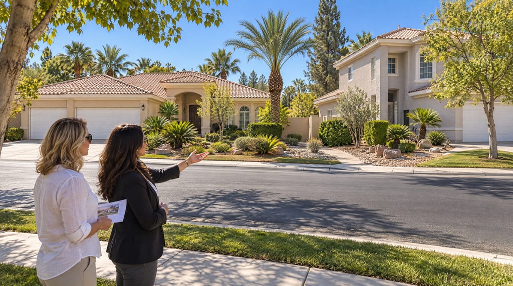 Two women stand on a sidewalk, one gesturing toward neighboring one-story and two-story stucco houses with tile roofs, palms and landscaped yards.