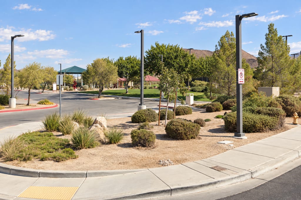 Desert plantings and street lights line the corner of a park entrance road, with a green lawn, a green shade canopy, red-roofed picnic shelters and a playground below a brown hill.