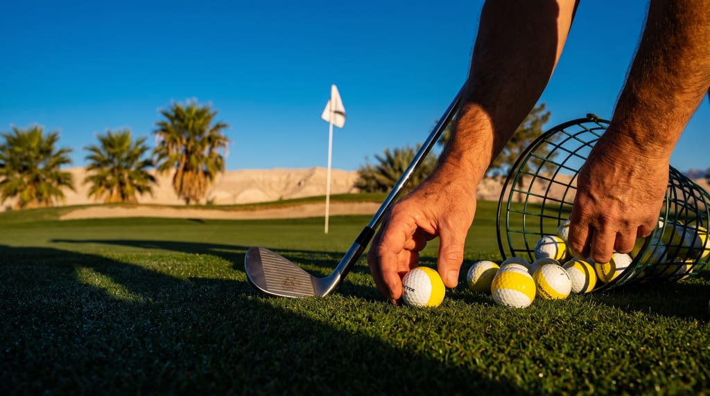Hands place a yellow-and-white golf ball on the grass beside a tipped wire basket of balls and a golf club, with a white flag and palm trees behind.