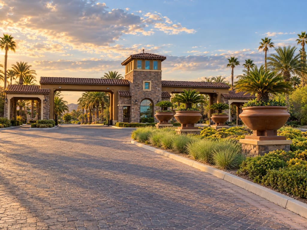 A stone tower and tile-roofed stucco arches span a wide paved entry drive lined with palms and large clay urns, in low evening sun.