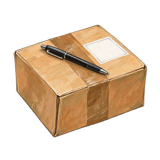 A drawing of a cardboard parcel sealed with brown tape, with a blank white label and a black pen resting across the top.
