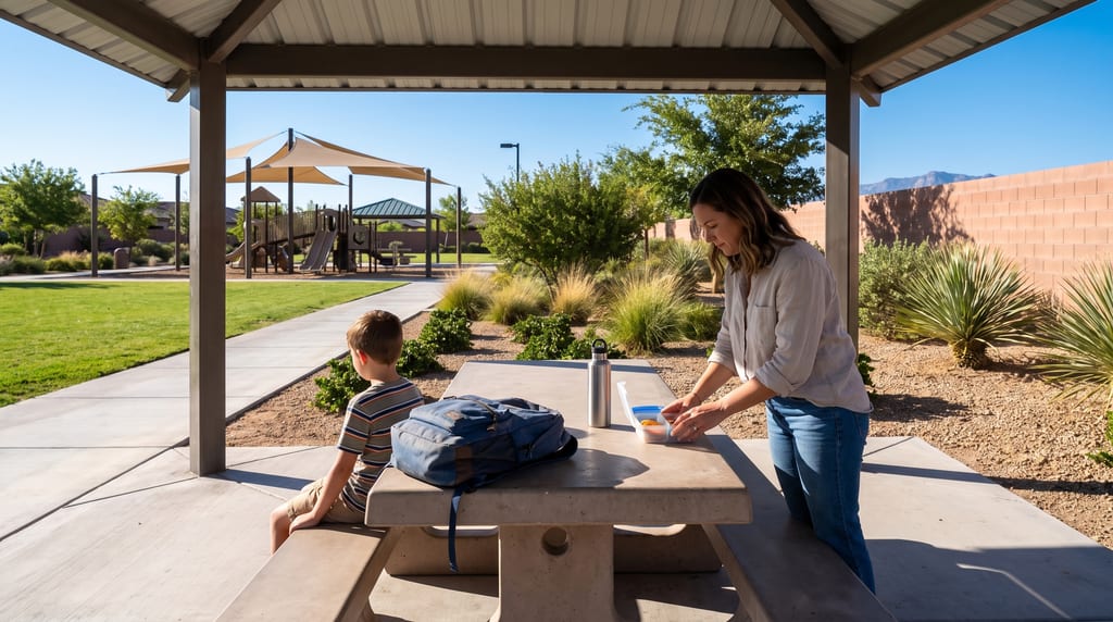 A woman opens a food container at a picnic table under a shelter while a boy sits beside a blue backpack, with a shaded playground beyond.