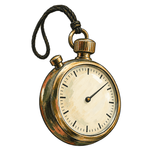 A drawing of a gold-colored stopwatch with a cream dial, black tick marks and a loop of dark cord.