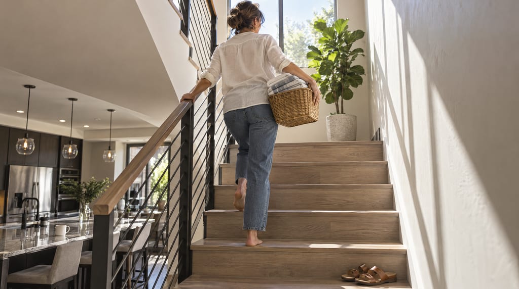 A barefoot woman carries a wicker basket of folded towels up wooden stairs beside a black metal railing, with a kitchen below and a large window above.