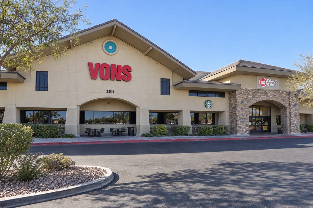 A tan Vons supermarket with a red Vons sign and the number 2511 over an arched entrance, a Starbucks logo on the wall and a stone-arched DriveUp & Go pickup door on the right.