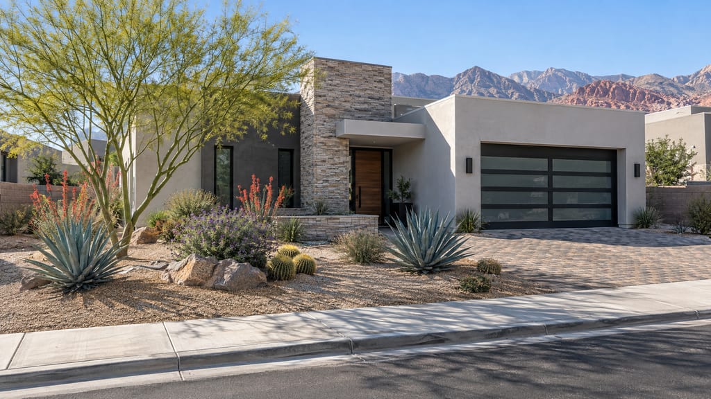 The front of a contemporary single-story stucco and stone home with a two-car garage, paver driveway and desert landscaping, mountains beyond
