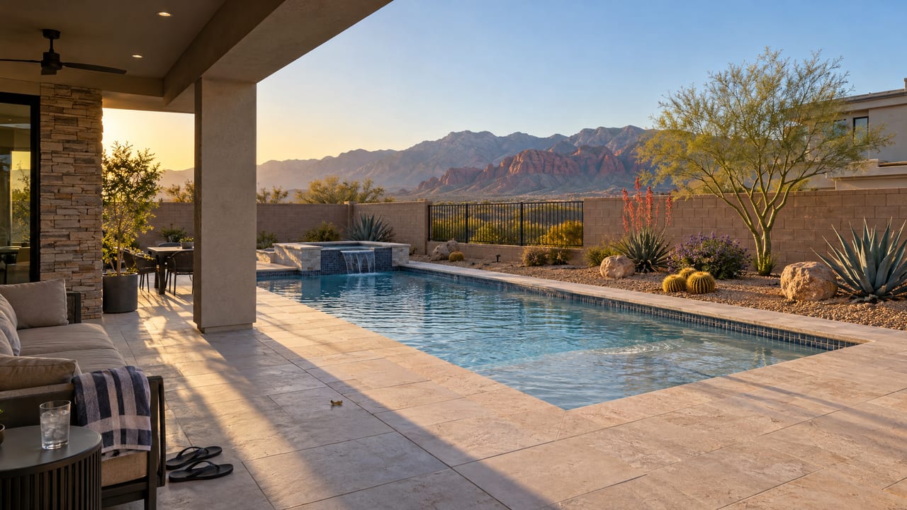 The covered patio and pool of a contemporary stucco home in late-afternoon light, with desert planting and mountains beyond the block wall