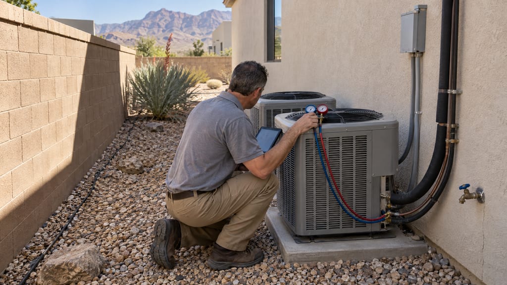 A home inspector checking the air-conditioning condensers beside a house, with gauges on one unit and a tablet in hand