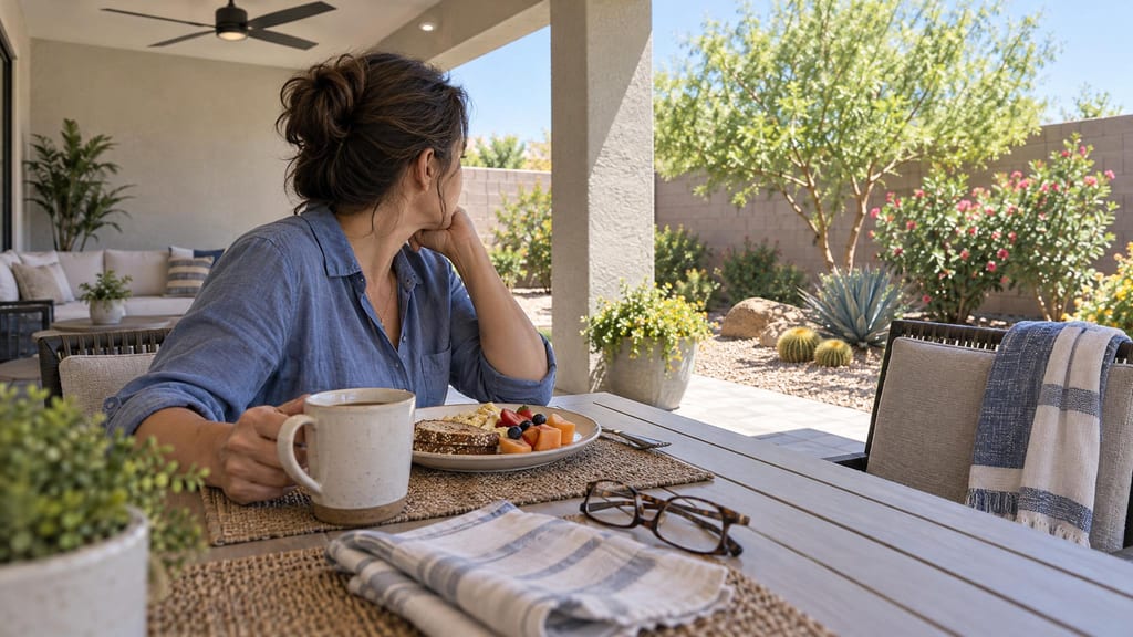 A woman having breakfast in the shade of a covered patio, looking out at a sunny desert-landscaped yard