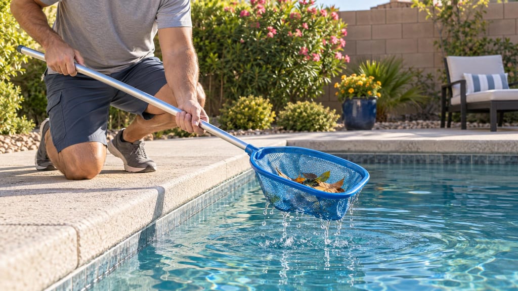 Hands lifting leaves from a backyard pool with a skimmer