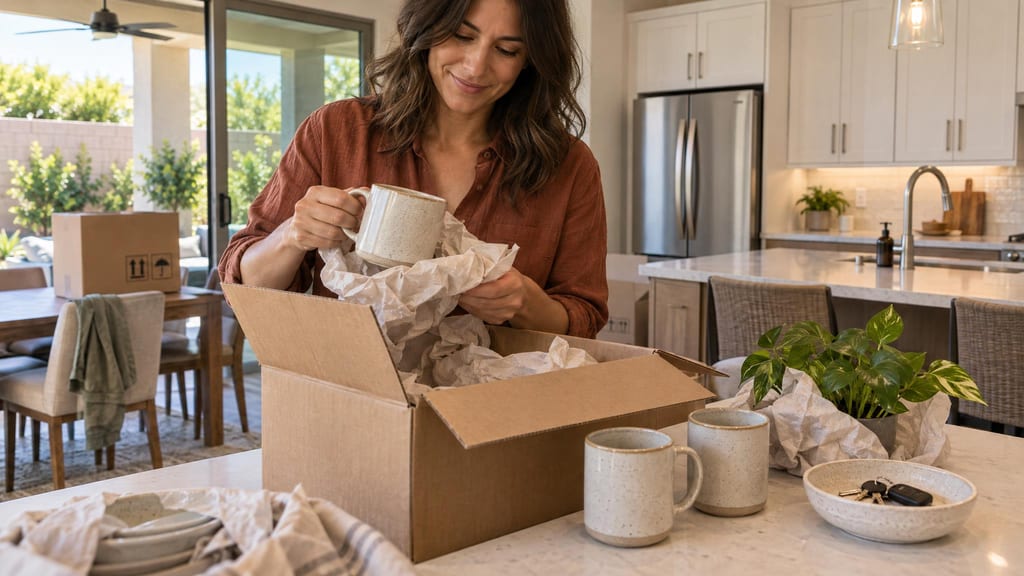 A woman unpacking a mug at a kitchen counter