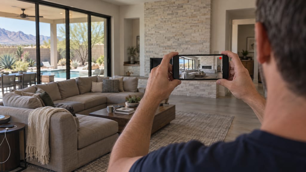 A person holding a phone sideways to record a video tour of a living room