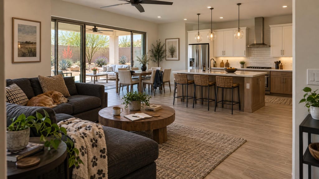 A comfortable living room opening to a kitchen and a covered patio, with desert planting in the yard beyond