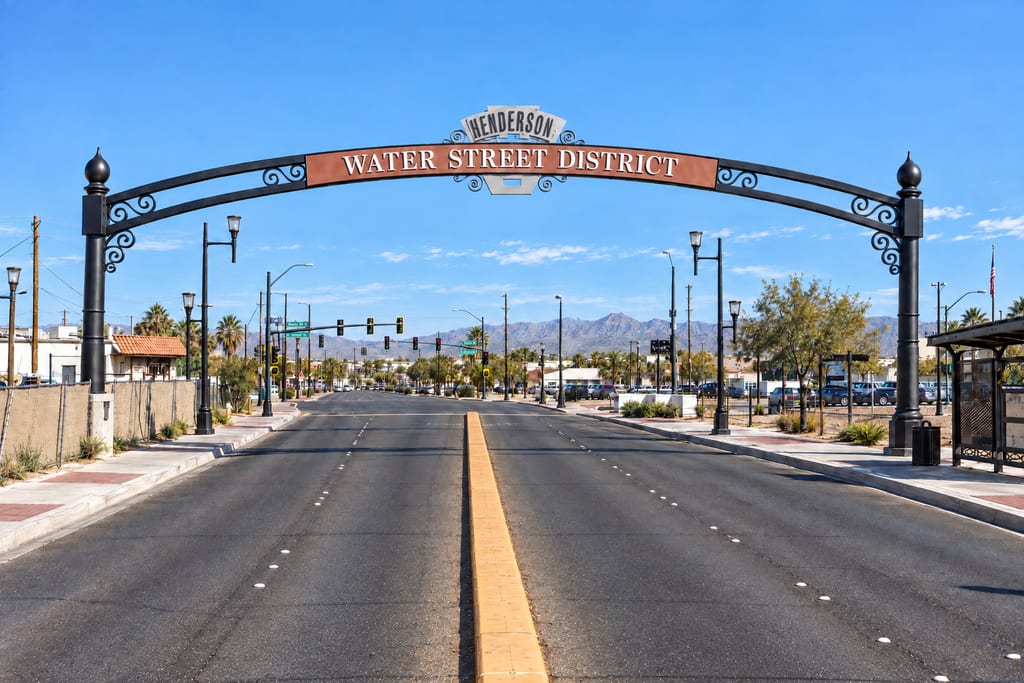 A black iron arch reading Henderson Water Street District spans a wide, straight street with a yellow center line, lamp posts and traffic lights leading toward the mountains.