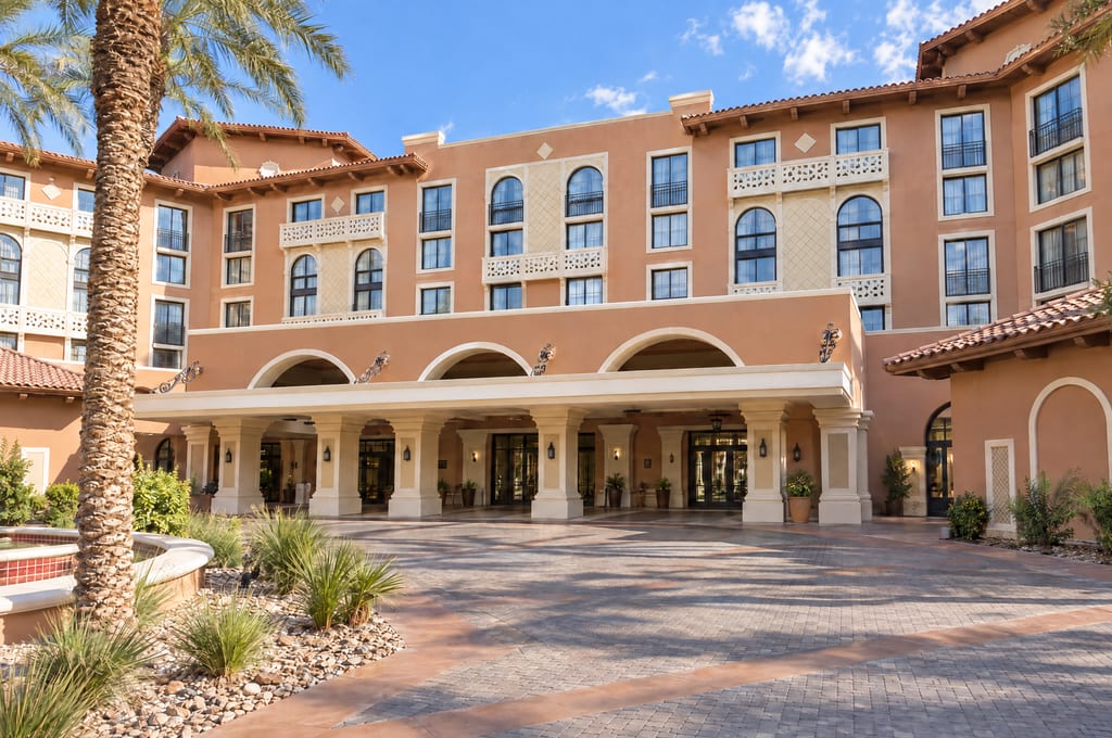 A terracotta-colored resort hotel with tile roofs, arched windows and small balconies rises behind a columned entrance portico and a paved drive court with a palm and a tiled fountain.
